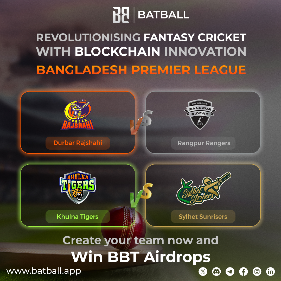 batball_app's tweet photo. ✨ Win Up to 30 BBT #Airdrops per match by joining today’s Mini Contests!

🔥 Today’s BPL Matches:
1️⃣Durbar Rajshahi🆚 Rangpur Rangers
2️⃣ Khulna Tigers 🆚 Sylhet Sunrisers

💡 Claim #15BBT Airdrops by joining us on social media! Grow your BBT to participate in these exciting contests.

🛡️ Create Your Team Now: https://t.co/Hspt7HdQzI

🎯 Don’t wait—turn your cricket knowledge into rewards. Play now! 💪✨

#FantasyCricket #BPL_LIVE #bplt20