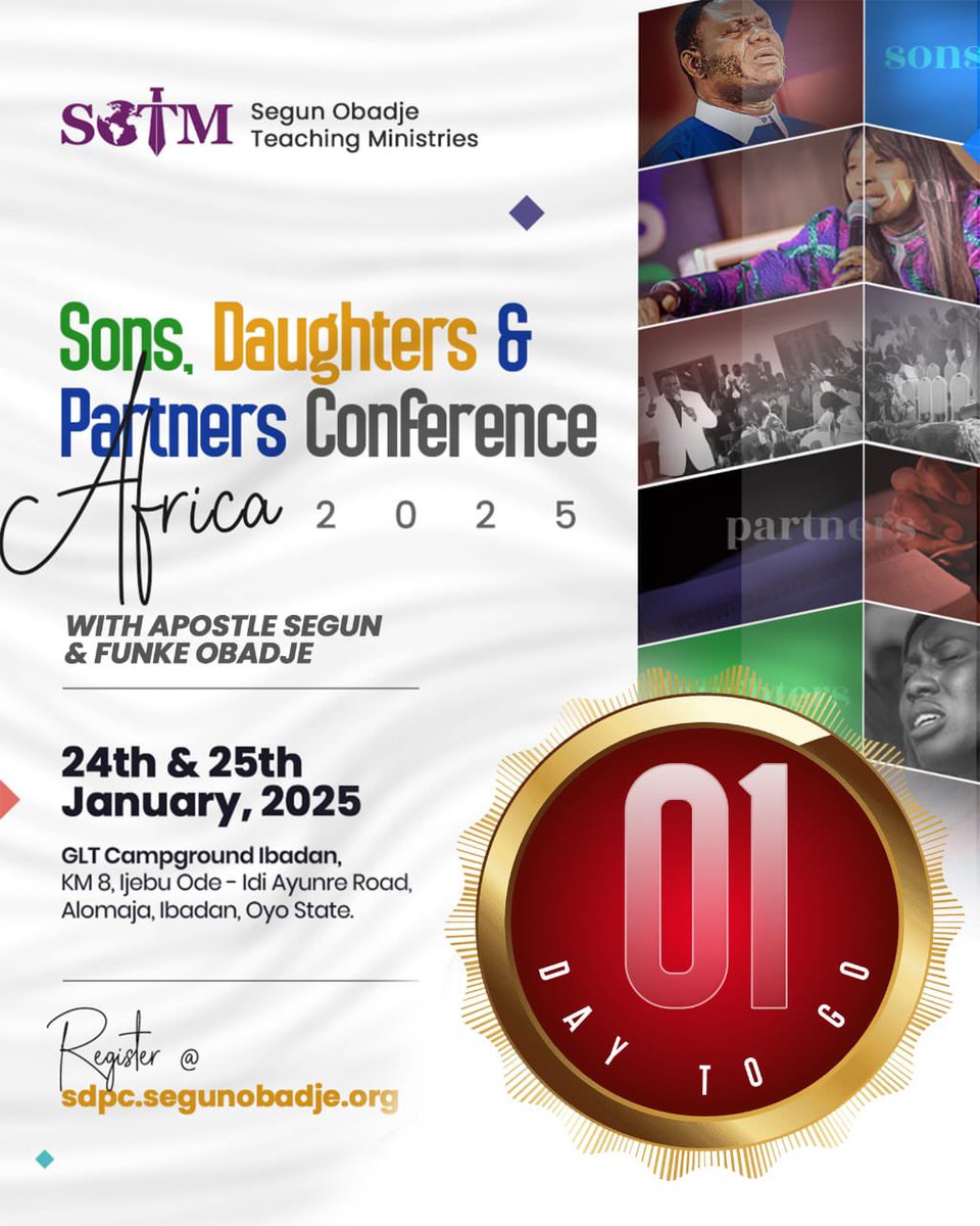 It’s almost here! Just 1 day to go until SDPC 2025 begins! Tomorrow, the doors to new levels of grace and favour are open at the GLT Campground, Ibadan.  

Your set time of favour and divine advantage has come!
Don’t miss this prophetic encounter - it’s your time to soar!