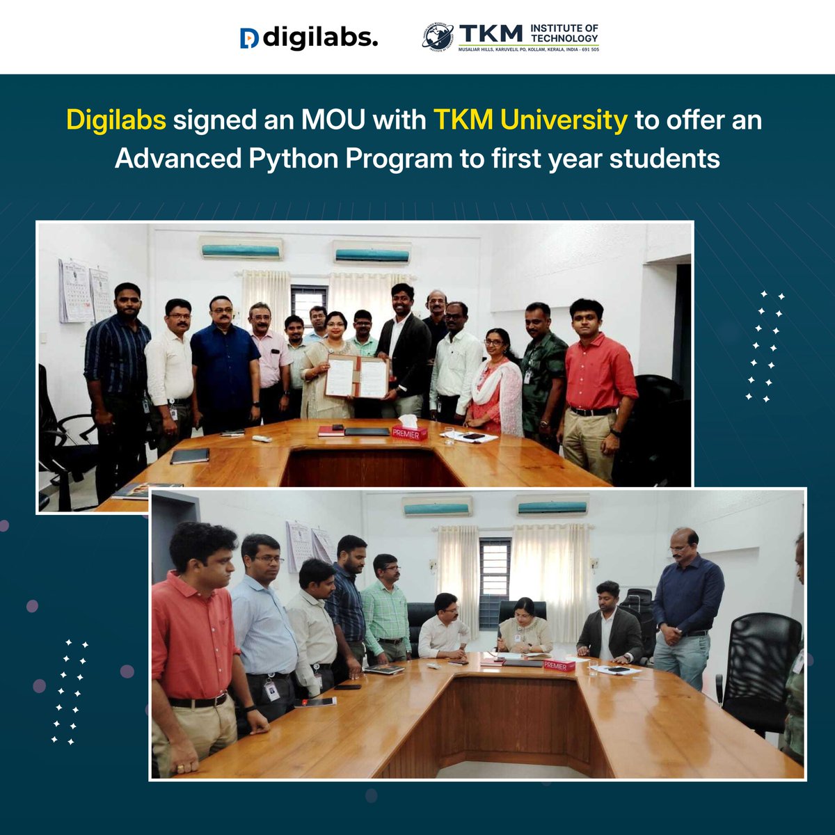 DigiLabs_'s tweet image. Digilabs has partnered with TKM University to offer an Advanced Python Program to their first-year students. 

#Digilabs #TKMUniversity #AdvancedPython #Education #SkillingIndia #MOU #IndustryCollaboration #HigherEducation #IBMCloud #Python #Collaboration #Student #College #TKM