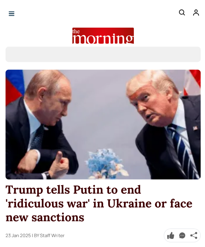 TheMorningLK's tweet photo. Donald Trump has warned he will impose high tariffs and further sanctions on Russia if Vladimir Putin fails to end the war in Ukraine.

Writing on his social media platform Truth Social, he said that by pushing to settle the war he was doing Russia and its president a "very big favour".

Trump had previously said he would negotiate a settlement to Russia's full-scale invasion launched in February 2022, in a single day.
https://t.co/M6XonImDbE