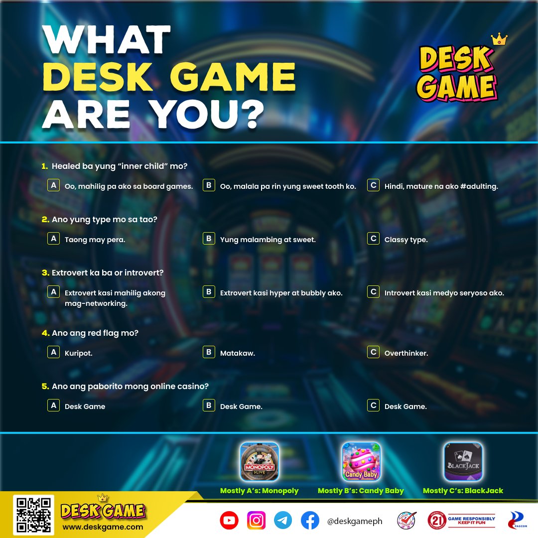 deskgameph's tweet photo. QUIZ TIME: What Desk Game are you?
Sagutin mo ito ng maayos ah? Comment mo na rin yung results mo below! 
p.s. Open notes naman to 😉

Find us at https://t.co/yRbKrEosQw!

and check out Desk Game's socials: https://t.co/rj6LywIGKG

#OnlineCasino #DeskGame #WinBig #PlayToWin https://t.co/UcgIEOyBb6