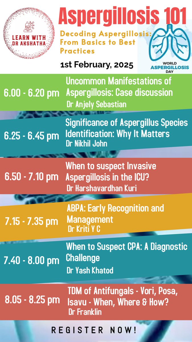 Join us for Aspergillosis 101! 🌟

📅 1st February 2025
🕕 6:00 PM – 8:25 PM IST
🩺Decoding Aspergillosis: From Basics to Best Practices

Let’s learn and raise awareness together!

Register now - us06web.zoom.us/meeting/regist…

#IDtwitter
#Medtwitter
<a href="/CidsIndia/">CIDS India</a>