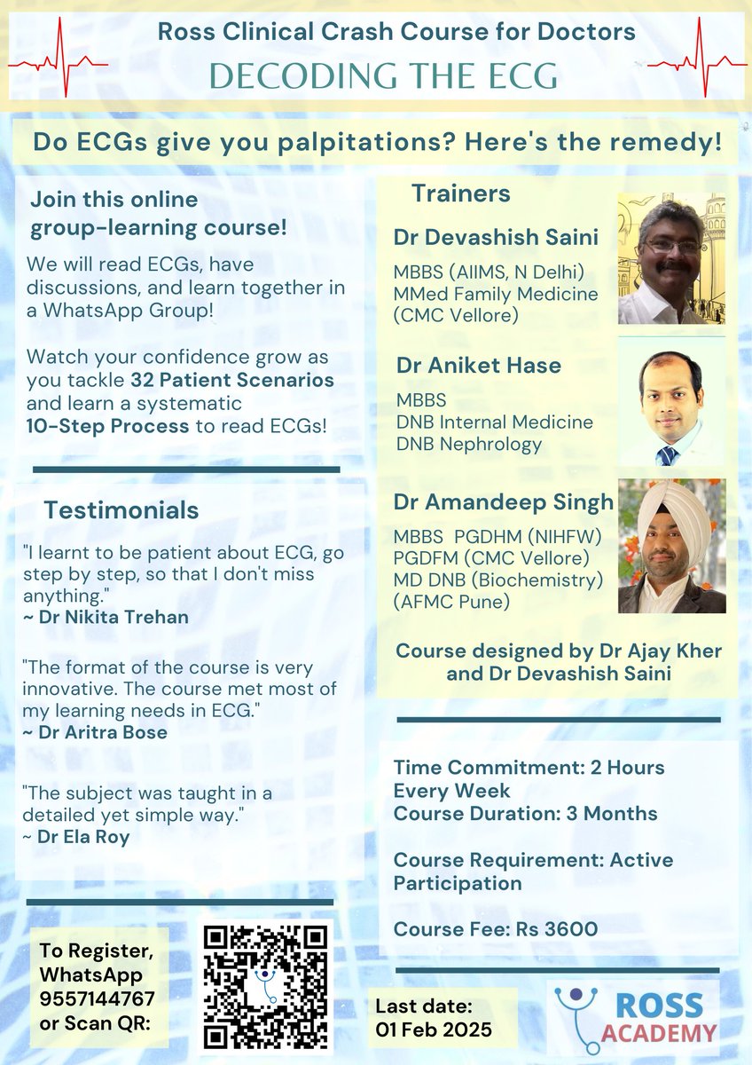 Ross Clinics (@rossclinics) on Twitter photo π *Decoding the ECG* π
π©π»ββοΈ _A Crash Course for Doctors_ π¨π½ββοΈ
π _*Batch 27*_
If you've got no sense of rate, rhythm or axis..
Here's what you need: practice, practice, practice.. ππ½ββοΈ
Register here:
forms.gle/91H2rFHGhbJg7Rβ¦
π
Last date: Feb 1 β° π *Decoding the ECG* π
π©π»ββοΈ _A Crash Course for Doctors_ π¨π½ββοΈ
π _*Batch 27*_
If you've got no sense of rate, rhythm or axis..
Here's what you need: practice, practice, practice.. ππ½ββοΈ
Register here:
forms.gle/91H2rFHGhbJg7Rβ¦
π
Last date: Feb 1 β°