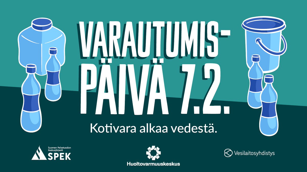 Osallistu Varautumispäivään perjantaina 7.2. 🤝

🔹 Tämän vuoden teemana on vesi, ja slogan kuuluu "Kotivara alkaa vedestä".
🔹 Kannustamme kaikkia osallistumaan somessa Varautumispäivään.
🔹 Lisätietoa: spek.fi/varautumispaiva.

#varautumispäivä #72tuntia #varautuminen
