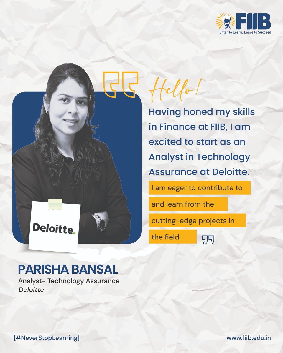 Who said success is ordinary? Parisha Bansal is breaking barriers &amp; making strides as an Analyst in Technology Assurance at <a href="/DeloitteIndia/">Deloitte India</a>! Congratulations on this incredible achievement. 

Conquer the world, one step at a time!  

#FIIBPlacement #Deloitte #NotYourOrdinaryBSchool