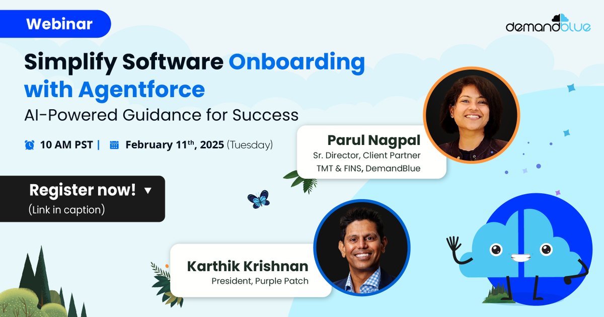 Simplify software onboarding with Agentforce! ⚡️ 
 
Join Parul Nagpal and Karthik Krishnan for a 30-minute webinar to discover how Salesforce Agentforce simplifies software onboarding and enhances user adoption. 
➡️ Register: demandblue.zoom.us/webinar/regist…