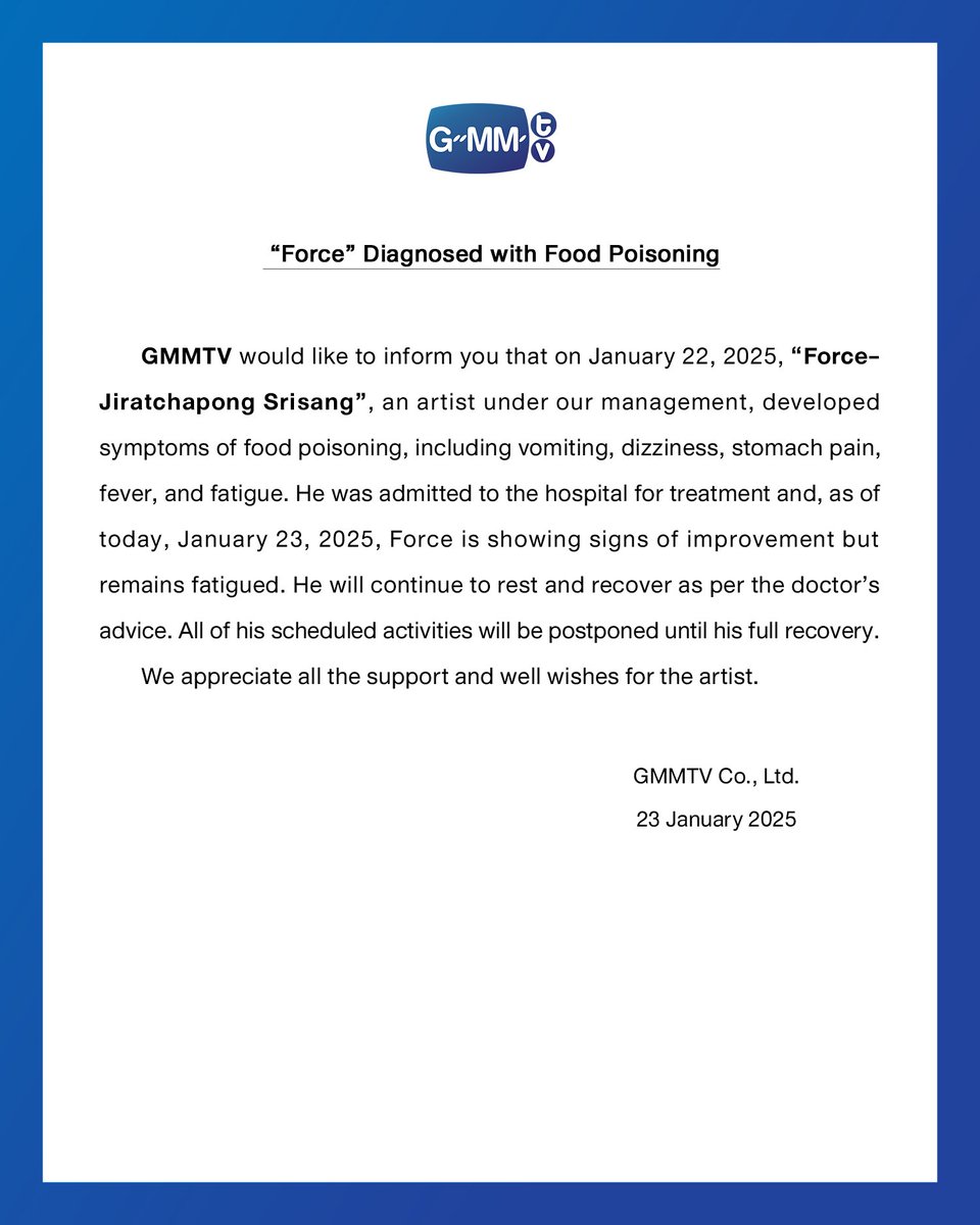 GMMTV's tweet image. ประกาศแจ้ง “ฟอส” อาหารเป็นพิษ
“Force” Diagnosed with Food Poisoning

#GMMTV