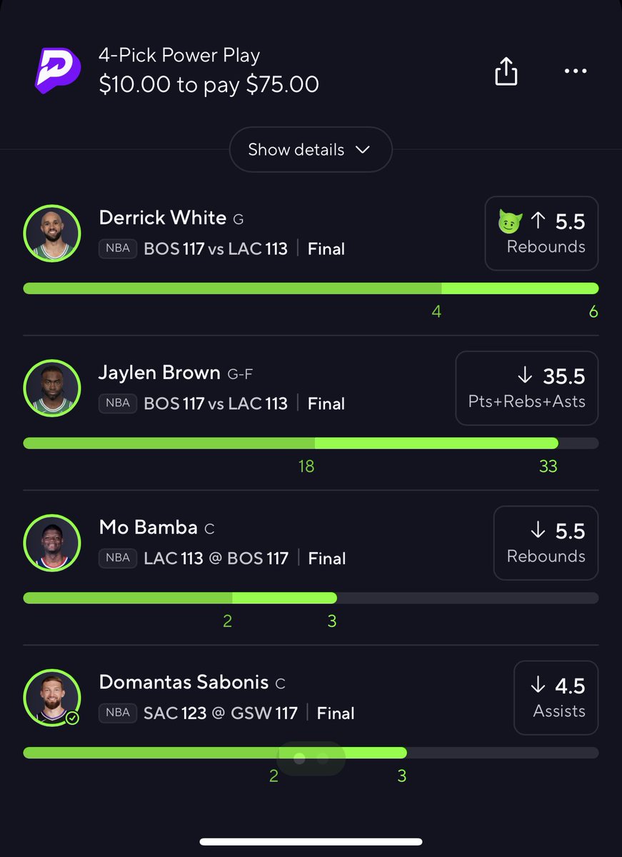 Lloyddeross's tweet photo. I just started playing @PrizePicks and I’m almost about to cash out 3K winning BIG. This is my tonight winning I don’t even be bet a lot. To play the More side of Demons and Goblins #PrizePicks #PrizePicksNBA #prizepickswinning. https://t.co/K9aNgz6UCK