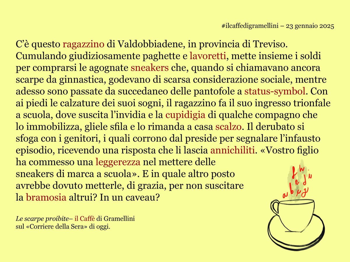 «Le scarpe proibite»: #ilcaffedigramellini sul Corriere della Sera di #giovedì #23gennaio.
corriere.it/caffe-gramelli…