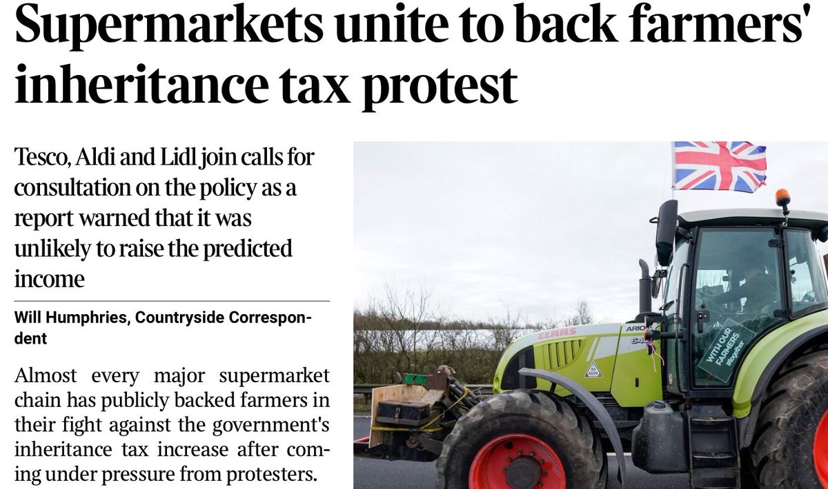 paullewismoney's tweet photo. I thought it said “Almost every major supermarket chain has publicly backed farmers in their fight against the government's inheritance tax increase…by promising to pay them properly for the food they produce” https://t.co/vEn1TmzlG3 But no. Just opposing the tax. https://t.co/MdULQWpKDR