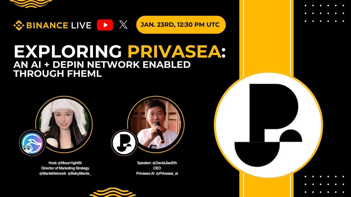 AMA Announcement!

🗓 Jan. 23rd, 12:30 PM UTC  

💼 Speaker: <a href="/DavidJiaoEth/">David Jiao</a> CEO of <a href="/Privasea_ai/">Privasea AI</a>

🎙 Host: <a href="/Moon1ightSt/">Moonlight🌙月光</a>, Director of Marketing Strategy at <a href="/MantaNetwork/">Manta Network (🔱,🔱)</a> &amp; <a href="/BabyManta_/">Baby Manta(🔱,🐥)</a>

Join us as we dive into the world of AI and DePIN. Be there and be part of the conversation!