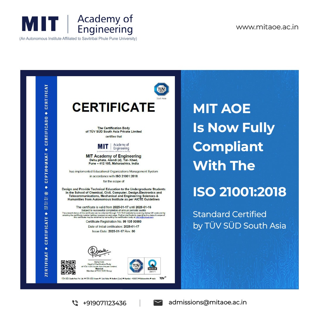 MITAOE's tweet photo. MITAOE is now fully compliant with the ISO 21001:2018 standard! This prestigious certification recognizes our commitment to excellence in Educational Quality Management, including our Teaching and Learning Processes.
#mitaoe #ISO21001 #QualityEducation #AcademicExcellence https://t.co/yaBGciBCSK