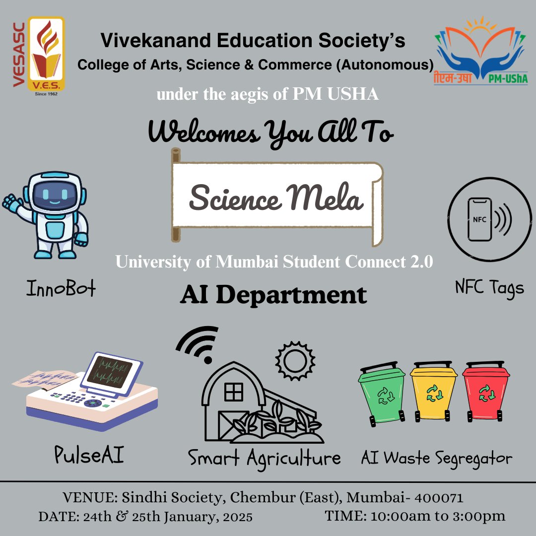 VESASCspeaks's tweet photo. The students and Staff of VESASC organizes SCIENCE MELA for the community under the University of Mumbai School Connect 2.0 and PM USHA grant on 24th &amp; 25th January, 10.00 am - 03.00 pm in the College Campus

 #science #schoolconnect #mumbaiuniversity #mel #magicofscience #pmusha https://t.co/GMdppaLSlk