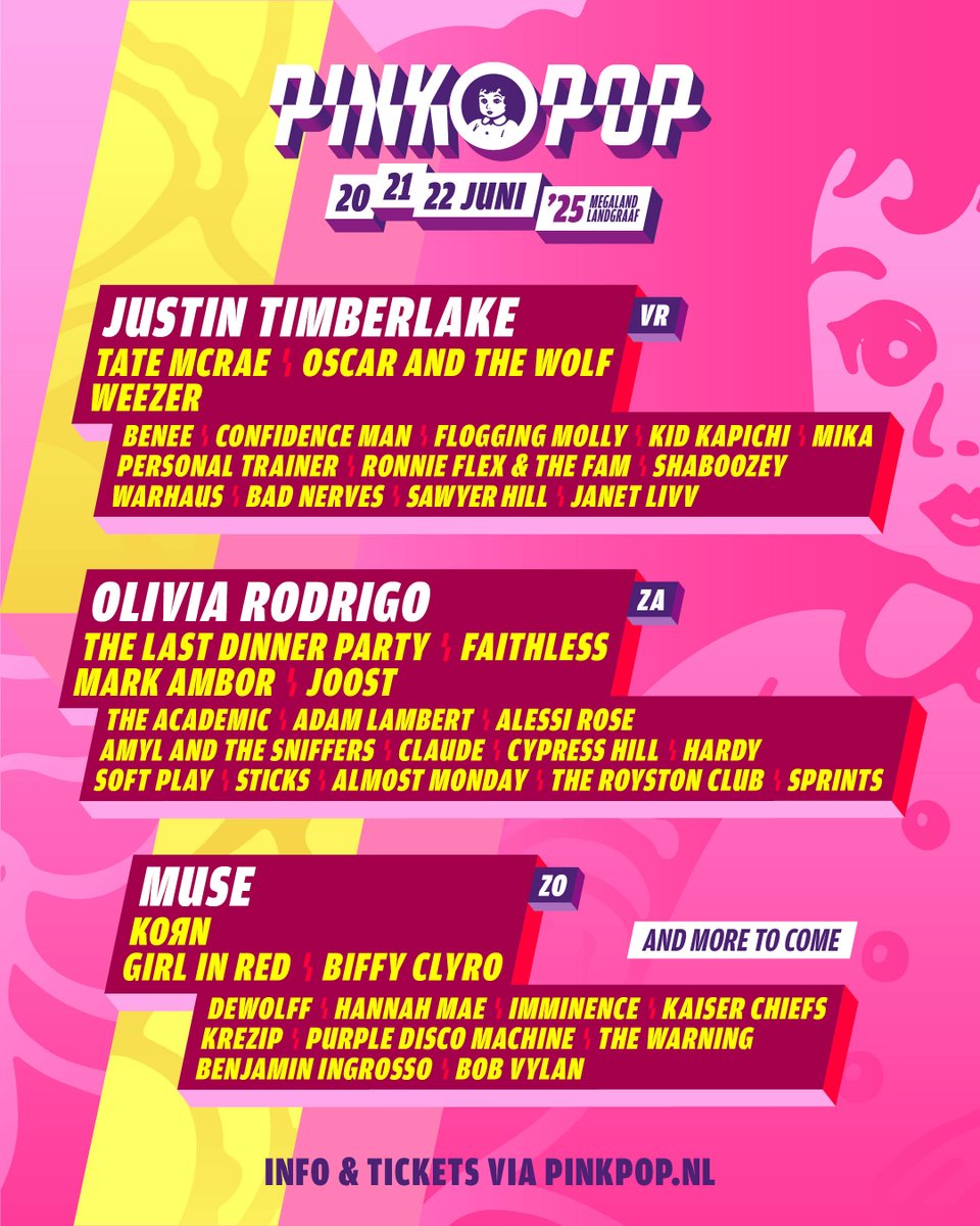 pinkpopfest's tweet photo. Hoppa! 18 nieuwe namen voor Pinkpop 2025 om je donderdag mee te beginnen. Komende zomer mogen we ook Tate McRae, Faithless, Adam Lambert, Ronnie Flex &amp; The Fam en nog eens 15 andere acts in Landgraaf verwelkomen.

Tickets via https://t.co/N8QgaXc1NL #PP25 #Pinkpop https://t.co/iGZhb8kjgQ
