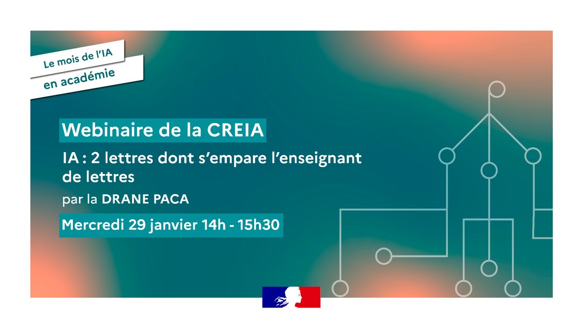 #DNE | Mois de l'IA en Académie <a href="/DranePaca/">DRANE Provence-Alpes-Côte d'Azur</a>
🗓️Webinaire #IA &amp; #lettres
        le 29/01 de 14h00 à 15h30 

👉 swll.to/Mois2IA4