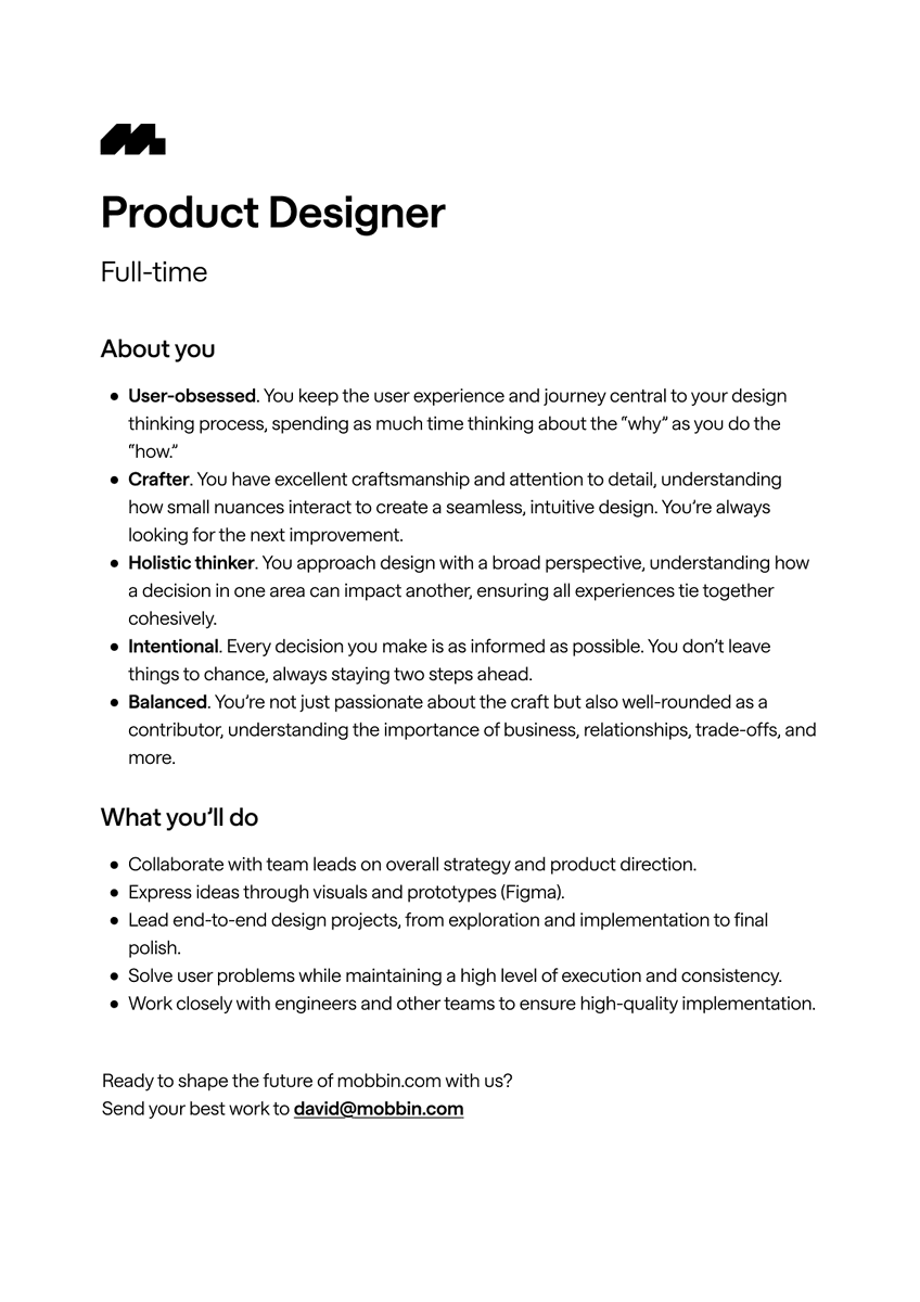 We’re now hiring our 2nd product designer at <a href="/mobbin/">Mobbin</a>. 

It’s been an epic journey taking our design to the next level since <a href="/dvtzo/">David Huynh</a> joined us 2 years ago 🙌

Join us and help shape the future of mobbin.com alongside other talented folks like <a href="/victorerixon/">Victor</a>,