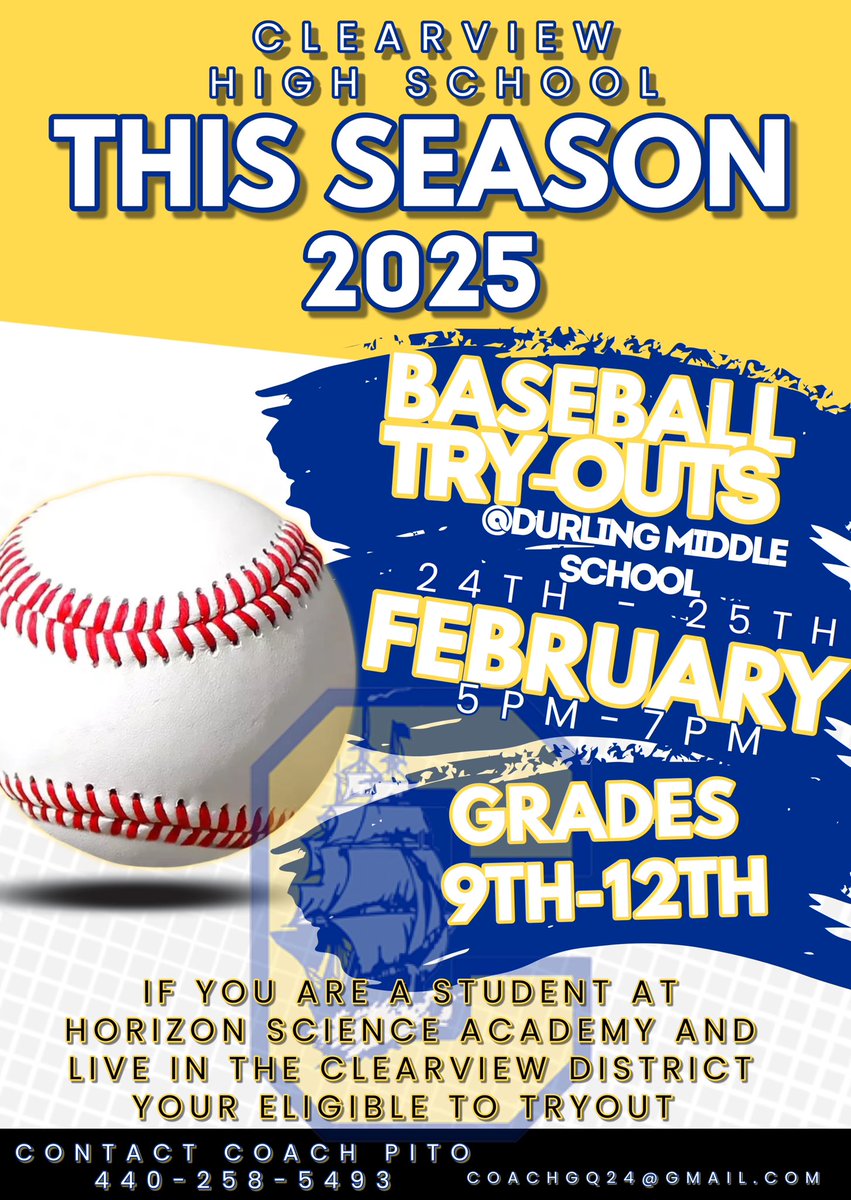 Clearview High School Baseball (@clippersdiamond) on Twitter photo Baseball Tryouts Feb 24th & 25th 5pm-7pm @Durling Middle School 9th-12th if you Attend Horizon Science Academy and live in the ClearView School District you are eligible to Tryout Contact Coach Pito at CoachGQ24@gmail.com or 440-258-5493 #clipperpride #clippersbaseball Baseball Tryouts Feb 24th & 25th 5pm-7pm @Durling Middle School 9th-12th if you Attend Horizon Science Academy and live in the ClearView School District you are eligible to Tryout Contact Coach Pito at CoachGQ24@gmail.com or 440-258-5493 #clipperpride #clippersbaseball