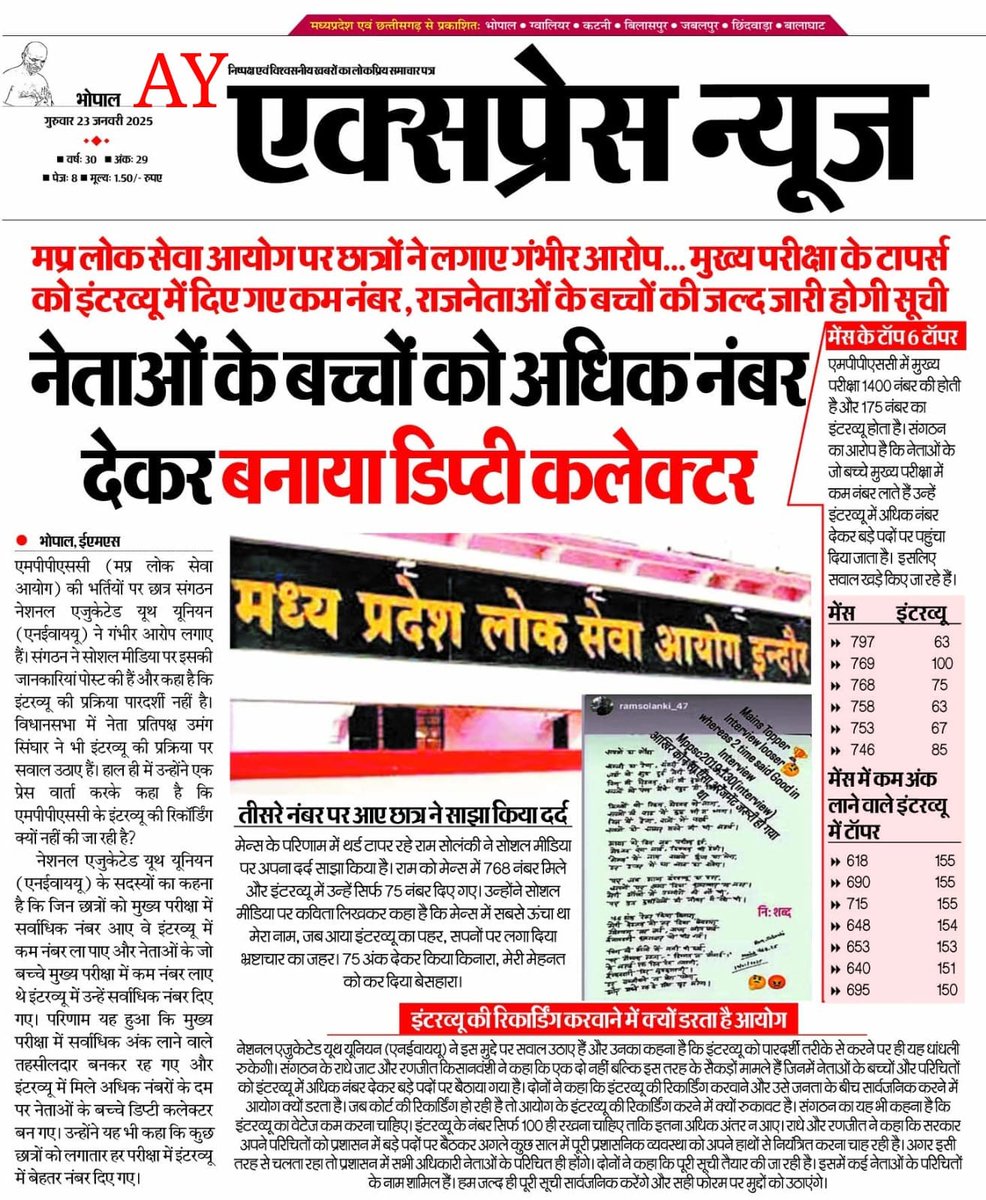 obcricha's tweet image. मध्यप्रदेश...

Psc आयोग सवाल के घेरे मे है, होना भी चाहिए क्यूंकि लिखती परीक्षा मे जिसके ज्यादा नंबर है उसको इंटरव्यू मे कम नंबर दिया गया है....

आयोग विडिओ रिकॉर्डिंग से क्यों डरता है?

संयोग से नेताओं के बच्चो को ही ज्यादा नंबर क्यों दिए गए है??

@Dr_MonikaSingh_…