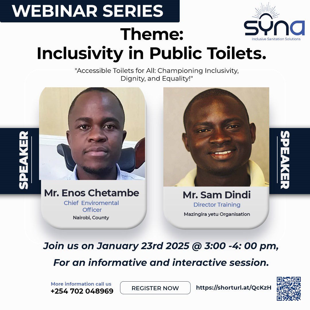 Join us today at 3pm EAT for an interactive and informative webinar series on inclusivity in public toilets. 
Sign up below to join the conversation. 

docs.google.com/forms/d/e/1FAI…
#syna #sdg6 #inclusivesanitation