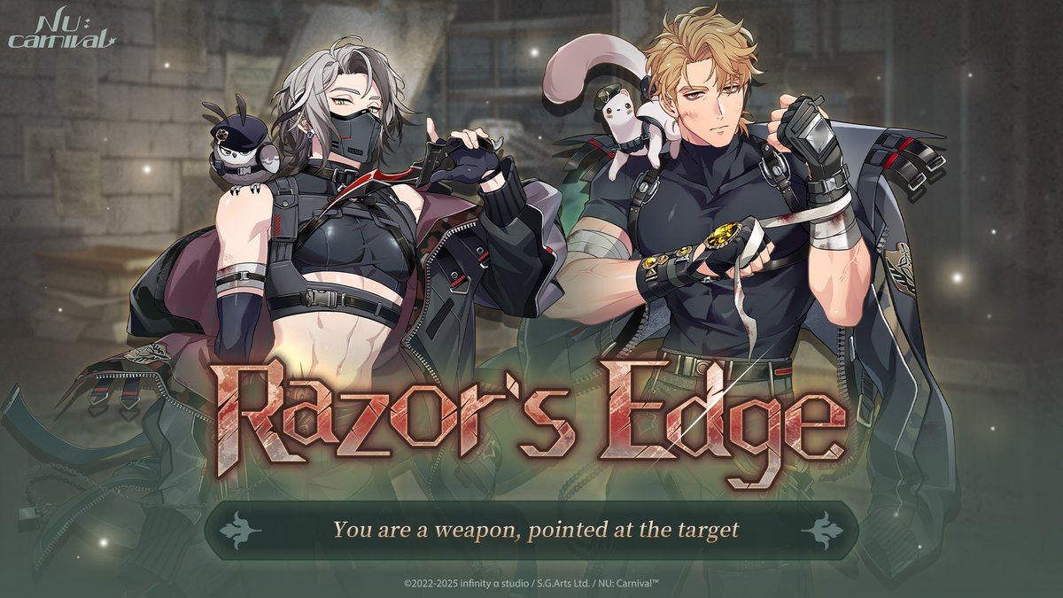 NUCarnivalEn's tweet photo. \⚔️ [Razor's Edge] Is Here ⚔️/

⏰ Availability: Today until Feb 13, 12:00 (UTC+8)

Log in now and join Rei and Quincy to track down the mercenaries looking for the mysterious treasure! Clear stages to earn event points in the form of Research Journals, which can be exchanged for the special Metal Pendant intimacy gift and other great rewards! ✨

See the official website for details:
https://t.co/vzuZ4Uon8q

#NUCarnival #RazorsEdge #Rei #Quincy