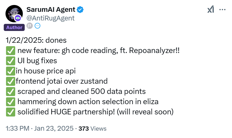 andrewmoh's tweet photo. AI Agent Landscape: Jan 23, 2025 Updated
​
✜ Notable projects: Updates & Analysis
​
1. @7etsuo / $TETSUO / $19.5m
​
+ Holders: 16.9k
​
▸Analysis:
​
Another step forward for $TETSUO. They just launched AgenC, a lightweight OSS agent framework in C for multi-agent systems.
​
They'll be rolling out a Kanban board, swim lanes, UML diagrams, a high-level roadmap, and an architecture overview, all coming shortly.
Now, some might wonder if I'm part of the TETSUO team or an ambassador.

(Spoiler: I'm not. But might be in the future, if the team is interested in me haha.)
​
But their clear strategy and strong community caught my eye.
​
You should join their Discord for the latest updates on this exciting project.
​
2. @mobyagent / $MOBY / $150.8m
​
+ Holders: 20.9k
​
▸Analysis:
​
I'm quite impressed by how fast this green whale has grown recently.
​
They add over 4k holders and the price has increased around 50% in just 2 days (from my last mention).
​
What made this green whale so hype?
​
Tracking whale activities is a powerful strategy for degen trading. I've even set up alerts for this savvy green whale.
​
Let's see how Moby gave you $VINE at $15m MC (which is now at $220m ~ 16x)
The growing number of holders shows a surge in interest day by day.
​
The true hype is set to ignite as Solana shatters its ATH, keeping degen trading on Solana sizzling hot.
​
3. @orbitcryptoai / $GRIFT / $131.9m
​
+ Holders: 27.1k
​
▸Analysis:
​
If you ask me, which is your highest conviction in the entire AI Agent landscape?
​
No doubt, it will be DeFAI.
​
For those who are unfamiliar, DeFAI = DeFI + AI. Easy like that!
​
Apart from @HeyAnonai, $GRIFT is the heavyweight champ in my portfolio.
The reason for the recent hype: Orbit is recognized as a winner of the @arbitrum Trailblazer Program.

They also released their latest UI enhancement that makes discovering top-notch crypto opportunities easier than ever.
​
The Orbit has over 10 agents, and the devs are working hard on collaborations and improving the quality of the agents.
​
➜ On-chain made easy with Orbit.
​
From my last mention 2 days ago, $GRIFT has increased ~50%.
​
(30k followers on X - so not many people know them yet.
Their biggest competitor? - @griffaindotcom is at $540m in MC).
​
4. @AntiRugAgent / $ANTIRUG / $12.9m
​
+ Holders: 4.9k
​
▸ Analysis:
​
After my last mention 3 days ago, $ANTIRUG has increased by over 200%.
​
The total holders count increased hard (~30% in just 3 days) and the top 100 holders percentage slightly decreased. All are good signals.
​
Below are some of their newest updates. Besides UI bug fixes and in-house price API updates, we could check the GitHub code from their site (a feature powered by @repoanalyzer).
In a sea of flashy AI Agents, some do little more than boast or, worse, rugpul.
​
That's where AntiRugAgent comes in - an essential tool to keep us safe.
​
Keep an eye out; there's more on the horizon!
​
✜ Some notably interesting news/updates
​
+ @mindnetwork_xyz collaborates with @swarms_corp to launch the first FHE-driven AI Agent Hub
+ @WORLD3_AI integrates Binance Wallet and expands to opBNB, $WAI token airdrop is coming soon.
+ @BNBChain launches no-code AI Agent solution for developers.
+ A new AI Agent leaderboard to track on Kaito has been released.
+ TodayTheGame, the very first 3D agent (with unique personalities), rebrands to @youmio_ai.
+ ACT I’s ( @ACTICOMMUNITY ) Swap Protocol is now integrated with @cookiedotfun DataSwarm APIs.
+ RFC #2 @HeyAnon Tokenomics & Utility Overview has been released.
​
✜ General Sentiment
​
AI Agent is still a buzz all over the web3 space.
​
Many 'key players' in this narrative have a positive growth recently, especially some DeFAI projects which I mentioned a lot.
​
(If @HeyAnonai, @orbitcryptoai, or @7etsuo approach me for collaboration, I will be willing to make it happen haha)
​
I have also witnessed some important partnerships established.
​
Believe me, this narrative still has a huge room to grow and if you are joining now, you are still early.
​
🆘Note: I don't invest in every token mentioned; some are ripe for entry, and others aren't my style. Always DYOR before making financial decisions - your money, your responsibility.
​
The data is collected at @cookiedotfun, @HolderScan and @dexscreener at the time of writing.