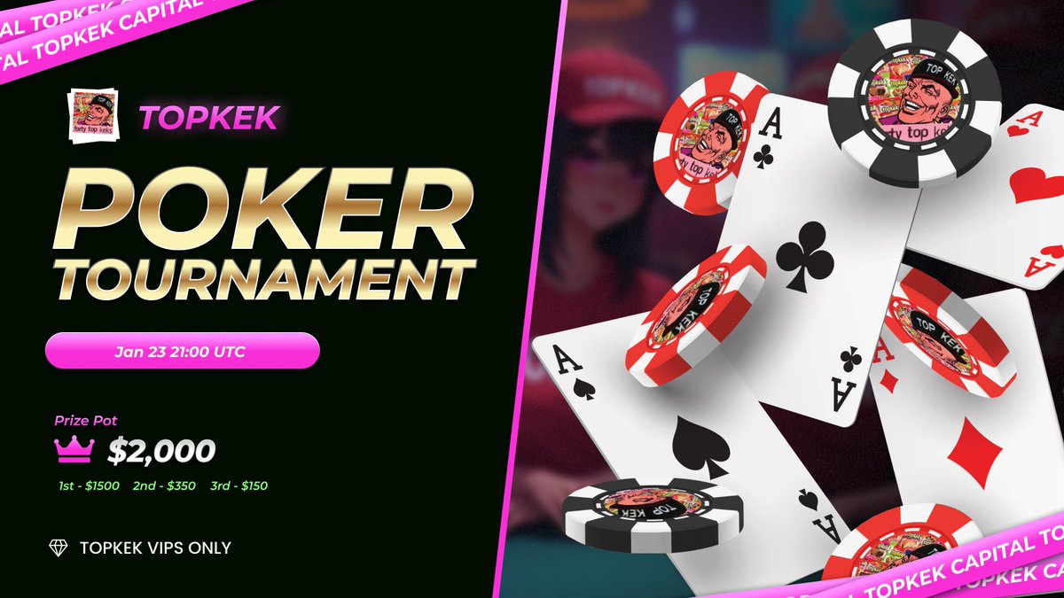 topkekCapital's tweet photo. Want to sit at the big bois table and win big bois prizes?

Hold 3M or more $TOPKEK and register for the POKER tournament: https://t.co/RwnrQywQlp 🃏 

We start TODAY at 9 PM UTC.

💰 Cash Prize: $2,000 (Free to join, 1 buy-back allowed)

1st Prize: $1,500
2nd Prize: $350
3rd Prize: $150

Not enough $TOPKEK to join? Buy here: https://t.co/6Z8IvGL6up