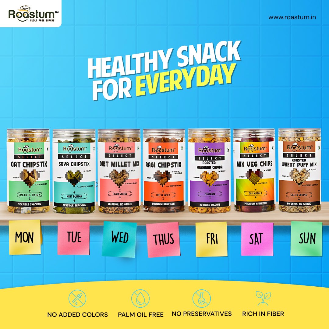 roastum_in's tweet photo. Snack Smart, Snack Healthy! 💚
From Monday to Sunday, Roastum has your cravings covered with guilt-free

✔ No Palm Oil | ✔ No Preservatives | ✔ High in Fiber

Upgrade your snacking game! Explore more at https://t.co/AhMEemzLp4 https://t.co/KXW8QnTcFP