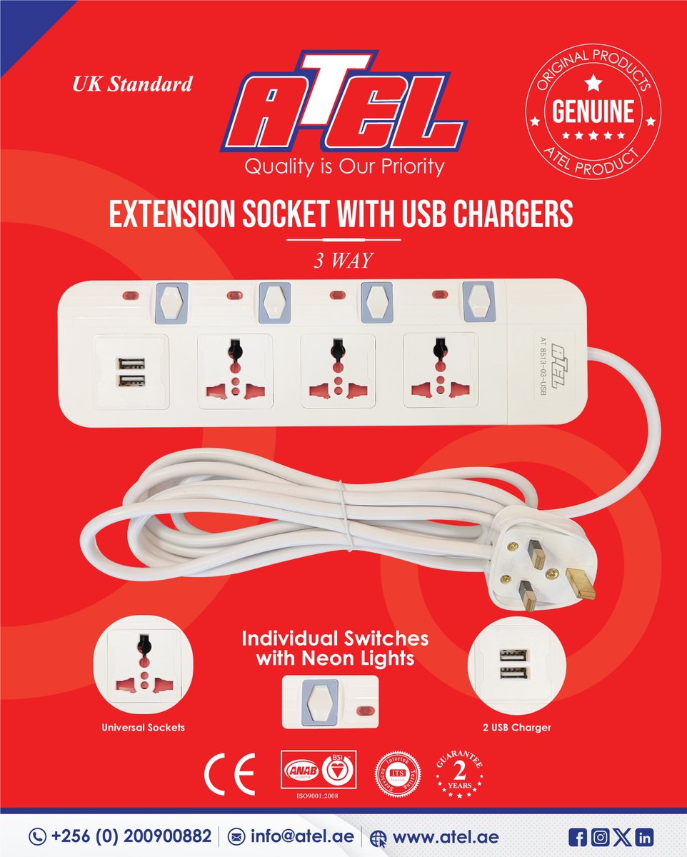 ATEL456920's tweet image. 🔌 Power Up with Convenience!

The ATEL 3-Way Extension Socket with USB Chargers:
✔️ Universal Sockets
✔️ 2 USB Ports for Quick Charging
✔️ Individual Switches with Neon Lights
✔️ UK Standard &amp;amp; Durable
Perfect for your home or office setup!
Call: +256 200 900 882
#ExtensionSocket