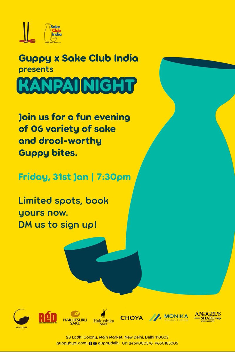 ravikjoe's tweet photo. Looking forward to this fun evening of Japanese Sake and Cuisine at Guppy,Lodhi Road New Delhi.
Date/ Time: 31 Jan 25/ 7.30 pm
Ticket Price: ₹2950 (AI)
Book at:
https://t.co/W8FNZxjvhd https://t.co/B16OGMYTUT