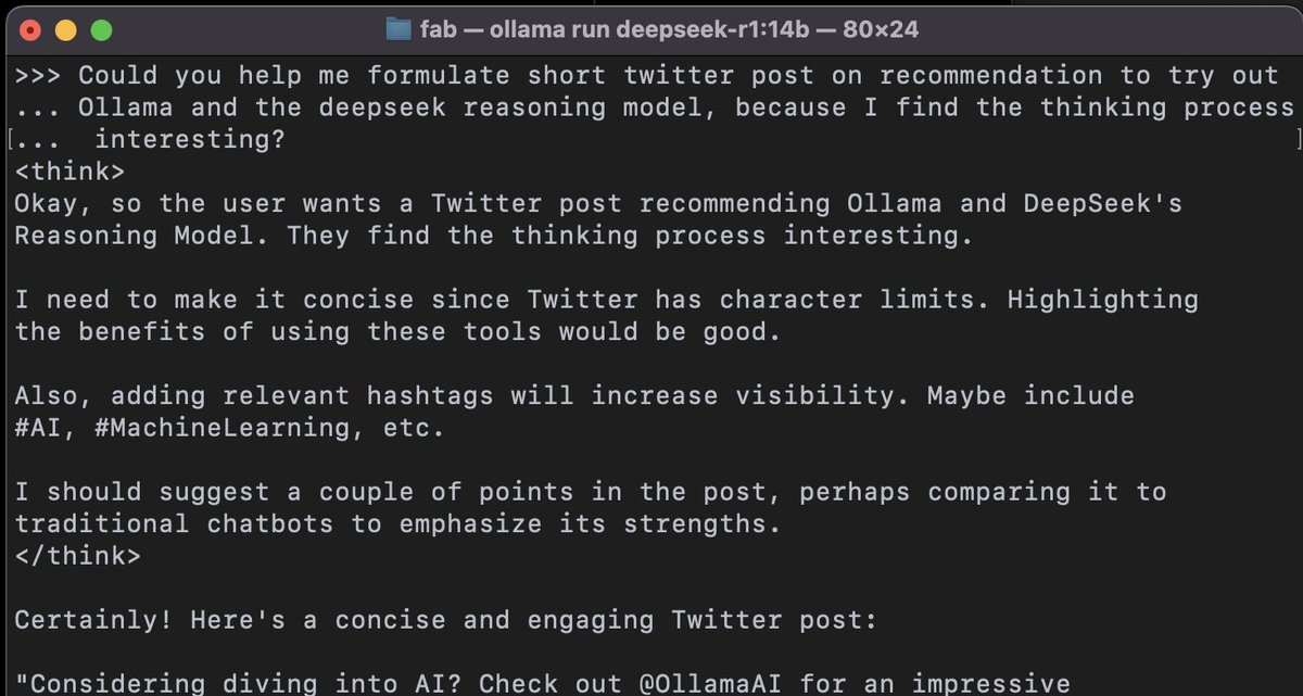 fabian_theis's tweet image. Highly recommend trying out @ollama's DeepSeek reasoning model, runs on your laptop! 🧠 The thinking process is fascinating—perfect for exploring structured, logical reasoning in action. And nice&cute to see how it argues w itself. #AI #DeepSeek #ReasoningModels