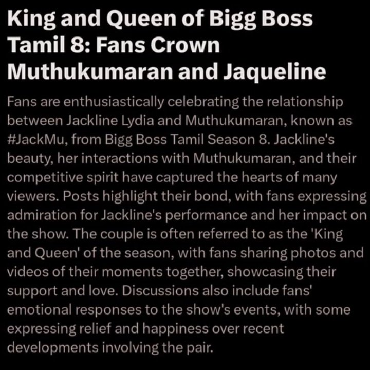 #Jackmu Hit Jodi of Bigg Boss 8❤️🔥

#KING &amp; #QUEEN 👑🥰💞

#Muthukumaran𓃵
#Jacquelinelydia𓃵

<a href="/kumaran_kural/">Naan Muthukumaran</a> <a href="/jackline_lydia/">Jacquline🎉🎉🎉🎉</a> 
<a href="/Biggboss7tamill/">Muthu & Jack 👑</a> <a href="/Common_Man_123_/">Che Guevera</a> <a href="/Mstomprem/">MsTom Prem</a> @tis_Popeye <a href="/SparkleTwitz_/">𝐑𝐢𝐲𝐚</a> <a href="/Saran_Raj46/">saran Raj</a> <a href="/sambavamiruku/">Abdul</a> <a href="/anjaliagarwal55/">🏎️ ᏗᏁᏠᏗᏝᎥ ᏗᎶᏗᏒᏇᏗᏝ</a>