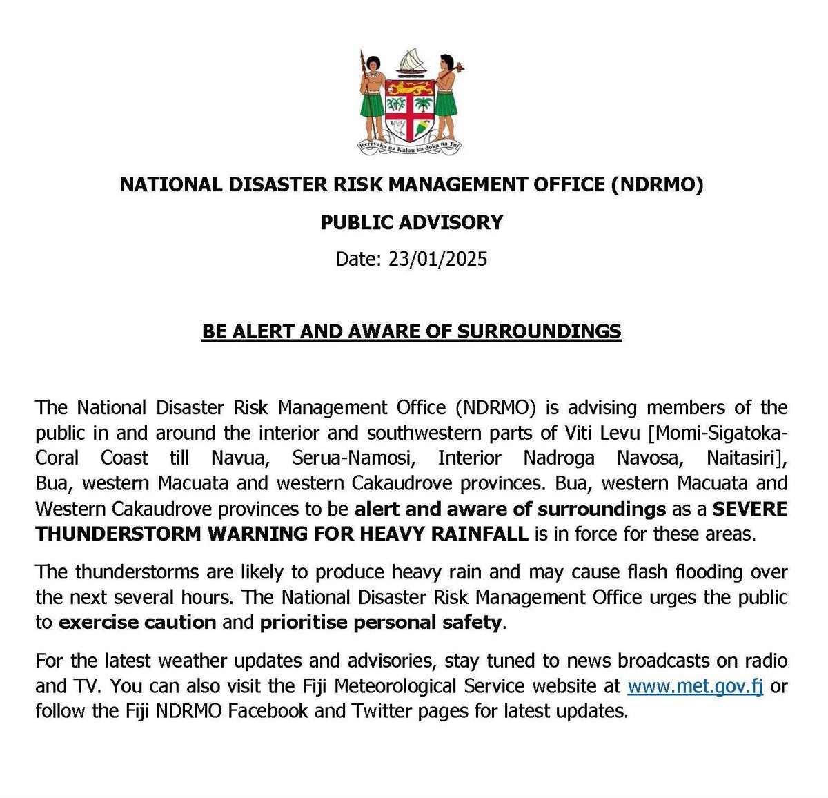 🚨PUBLIC ADVISORY 📍

✅Public urged to be alert &amp; aware of surroundings 

⚠️Severe Thunderstorms for Heavy Rainfall advisory in force for parts of the country 

✅ READ MORE ⬇️