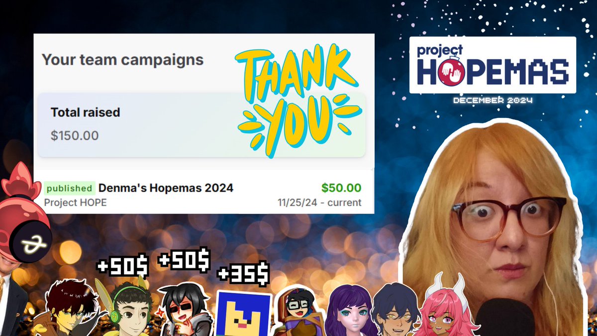 #Hopemas update! Last Dec I did some streams and collabs dedicated to Project Hope and we were able to raise 150$ on team collabs &amp; an extra 50$ on an individual campaign! Friends ran their own respective Hopemas campaigns &amp; raised funds too! Thank you to everyone who took part!