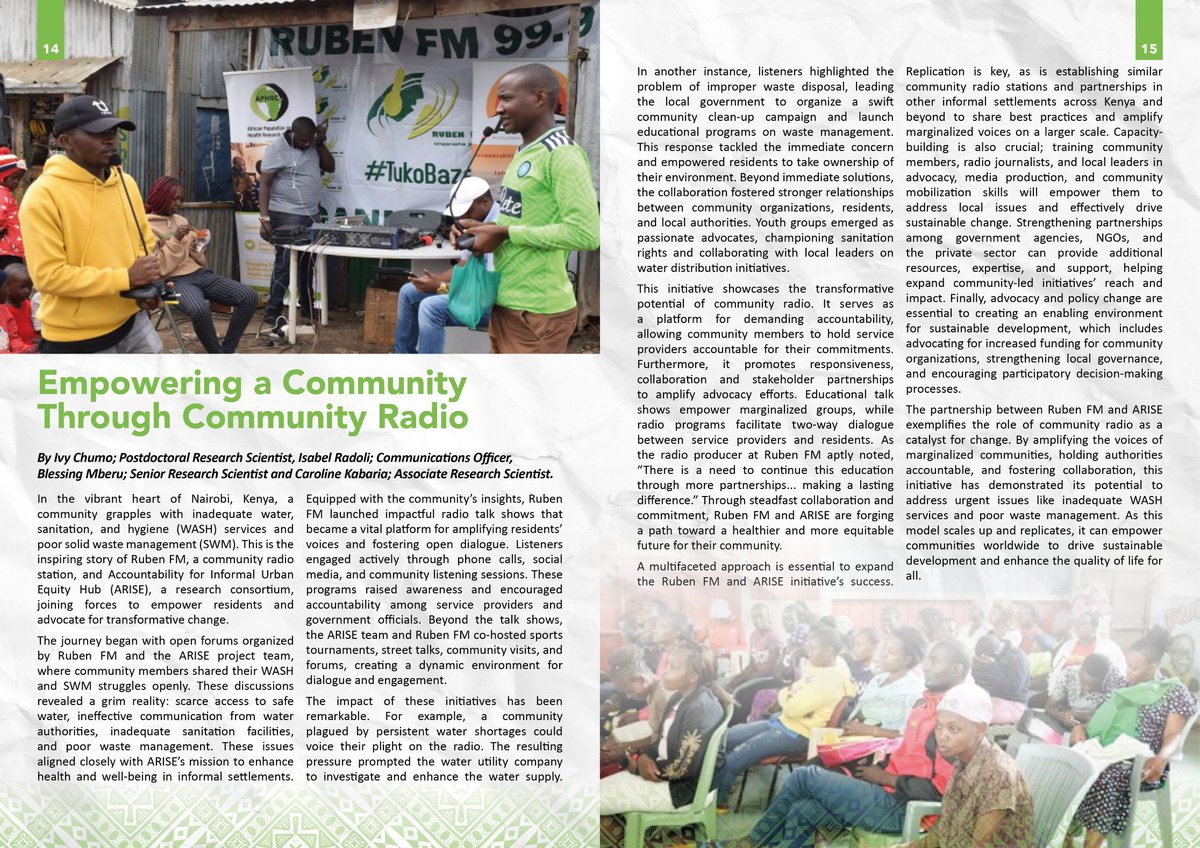 In Nairobi’s vibrant informal settlements, <a href="/rubenfm999/">RubenFM</a> and the <a href="/ARISEHub/">ARISE</a> are rewriting the script on water, sanitation, hygiene, and solid waste management challenges. Through radio talk shows, sports tournaments, and street talks, they amplify voices, foster accountability, and