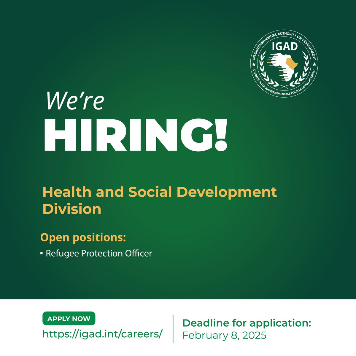 🌟 Vacancy Announcement 🌟
Job Title: Refugee Protection Officer

#IGAD is seeking a Refugee Protection Officer to support refugee management and asylum protection in line with the IGAD Policy Framework on Refugee Protection.

Key Responsibilities:

✅ Strengthening member