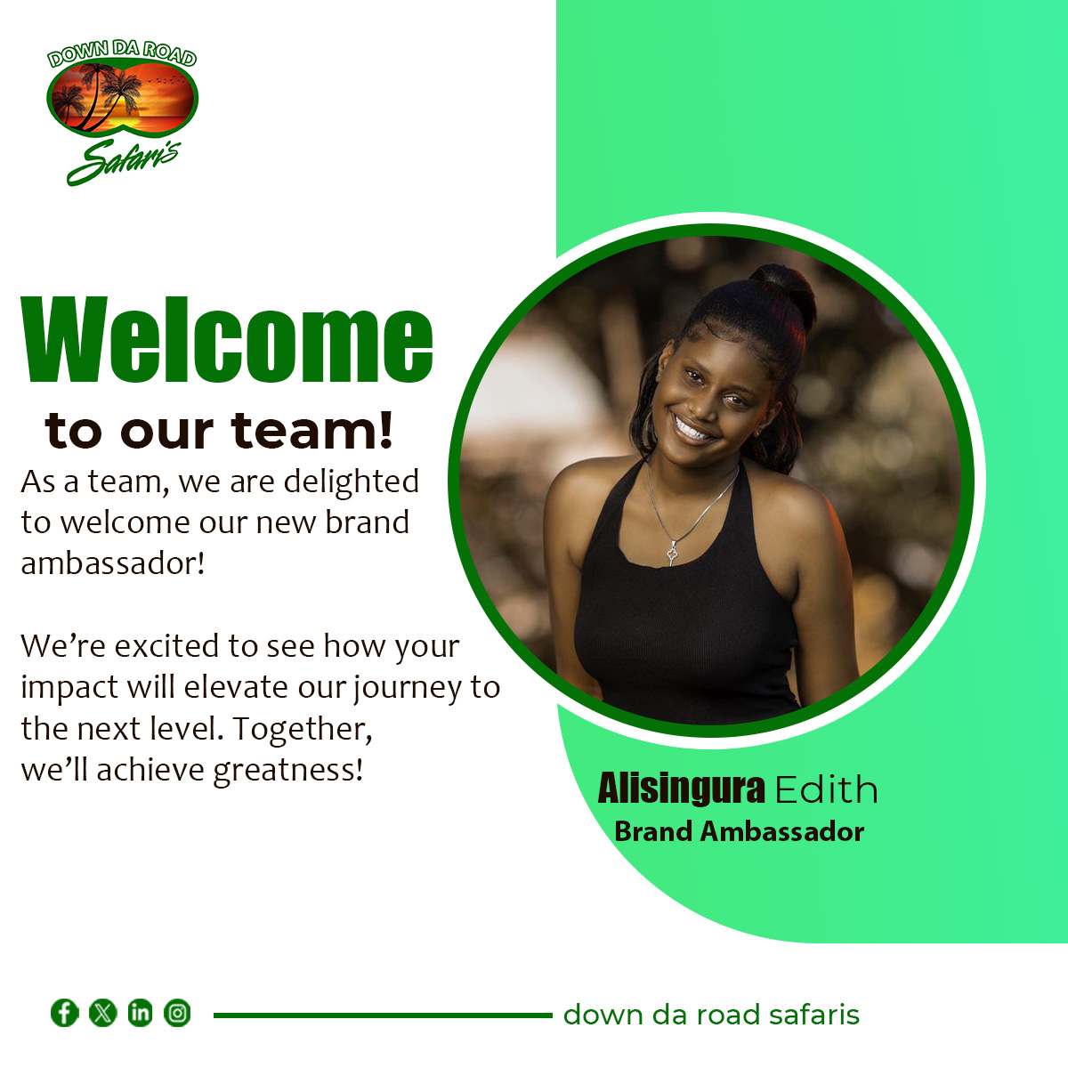 DaSafaris's tweet photo. Excited to welcome @EdithSandie  as the brand ambassador for Down Da Road Safaris! Her love for adventure and storytelling perfectly aligns with our mission to create unforgettable travel experiences. 

Let’s explore together! https://t.co/AlkjwbXY7F