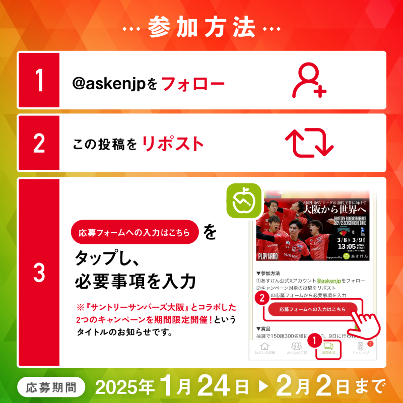 askenjp's tweet photo. 【フォロー＆リポスト＆アプリ起動キャンペーン】
#髙橋藍 選手率いる『サントリーサンバーズ大阪』の観戦チケットを150組300名様に🏐
さらに！特別に始球式参加権を2組4名様に🎁

▼参加方法
①@askenjpをフォロー
②この投稿をリポスト
③#あすけん アプリを開きお知らせ内の応募フォームへ回答