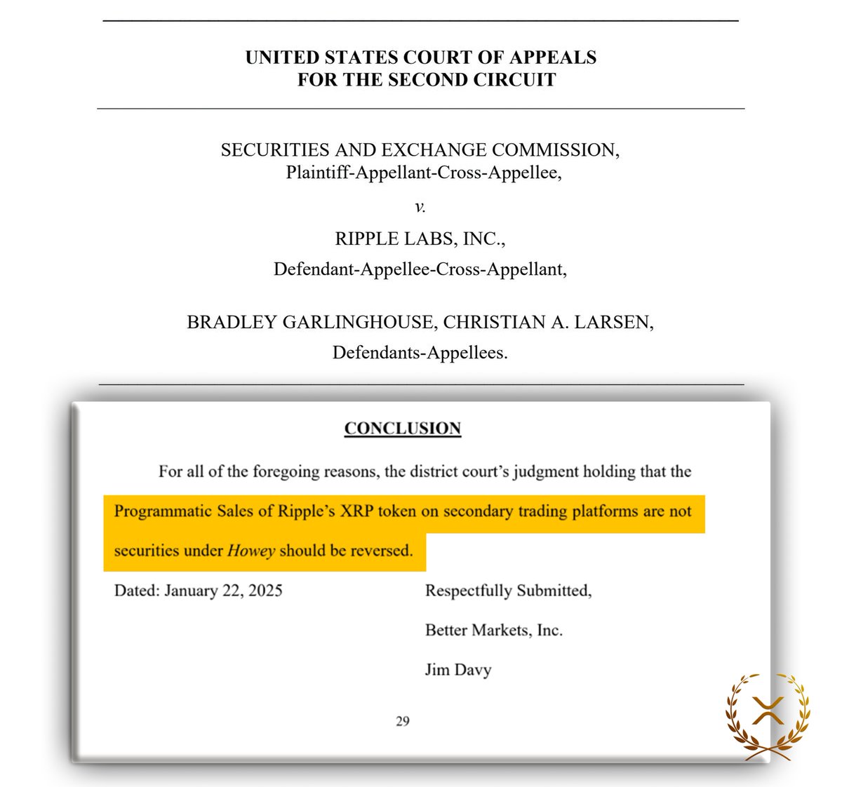 DROPZXRP's tweet image. ‼️  🇺🇸⚖️ CONCLUSION - AMICUS BRIEF BY BETTER MARKETS, INC. IN SUPPORT OF THE @SECGOV ➡️ &quot;[...] THE PROGRAMMATIC SALES OF RIPPLE&apos;S $XRP ON SECONDARY TRADING PLATFORMS ARE NOT SECURITIES UNDER HOWEY SHOULD BE #REVERSED.&quot; ‼️