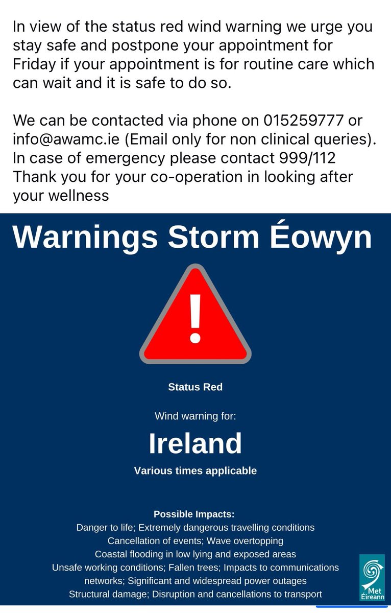 doc_screen's tweet photo. #éowyn @followers #safetyfirst #wellness
In view of the status red wind warning we urge you stay safe and postpone your appointment for Friday if your appointment is for routine care which can wait and it is safe to do so. https://t.co/umSEcslGe1