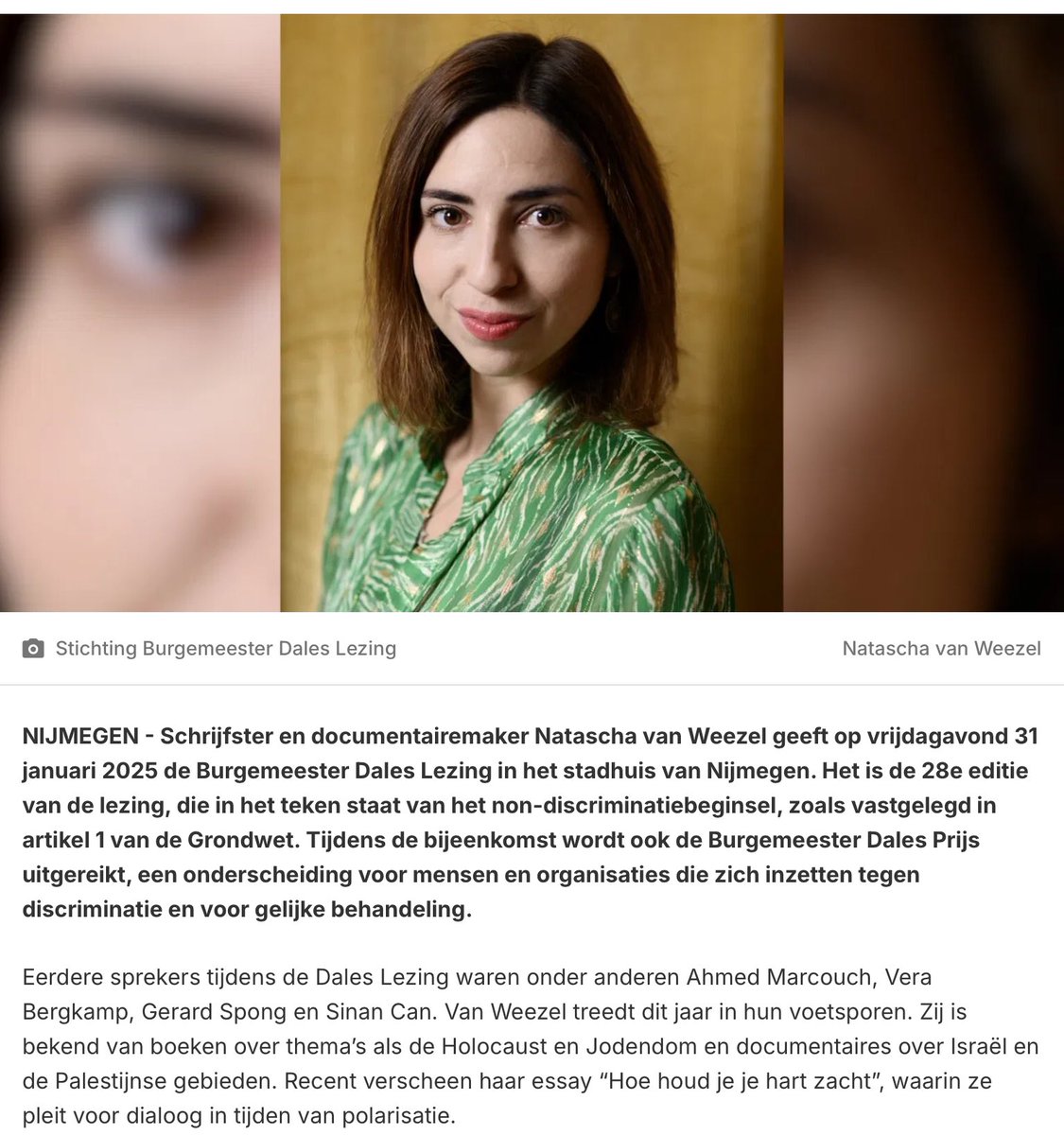 Natascha van Weezel geeft op 31 januari de Burgemeester Dales Lezing die in het teken staat van het non-discriminatiebeginsel, zoals vastgelegd in artikel 1 van de Grondwet. De lezing is in Nijmegen stadhuis, 20 uur