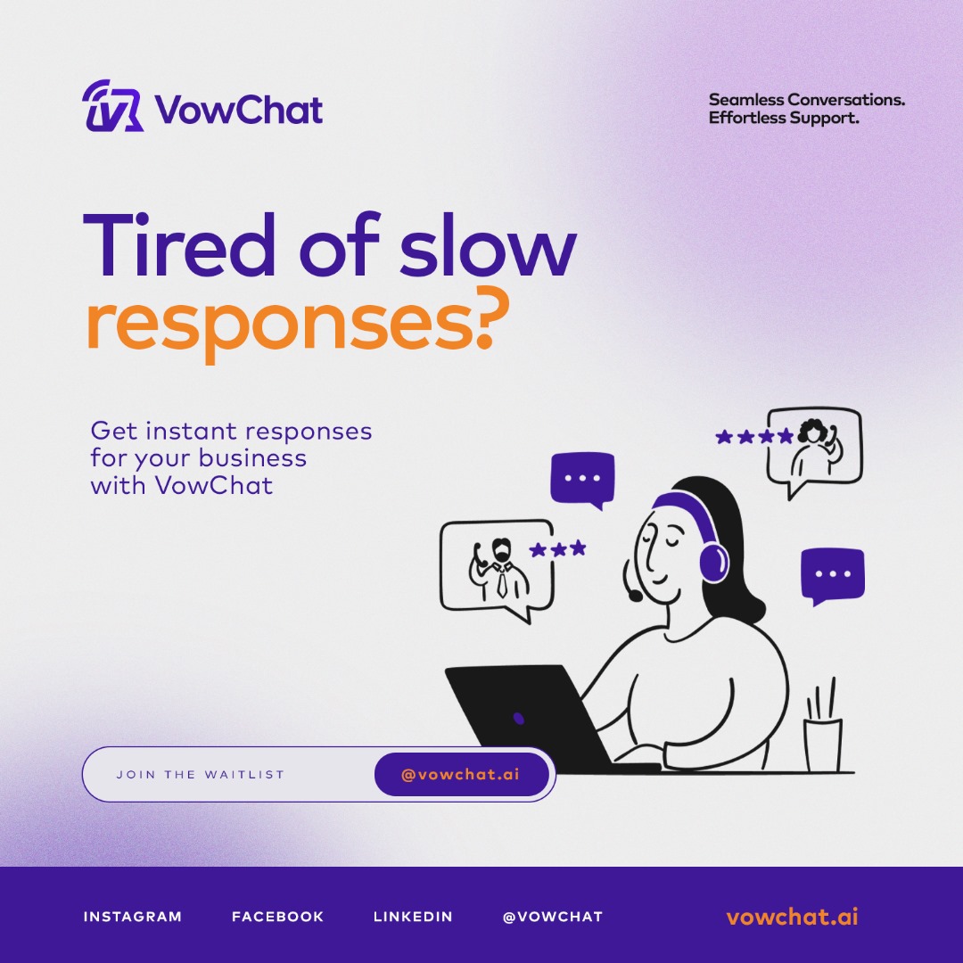 Tired of slow responses? Get instant responses for your business with #Vowchat . Join our wait list today >>> vowchat.ai

#AI #VoiceAI #CustomerSupport