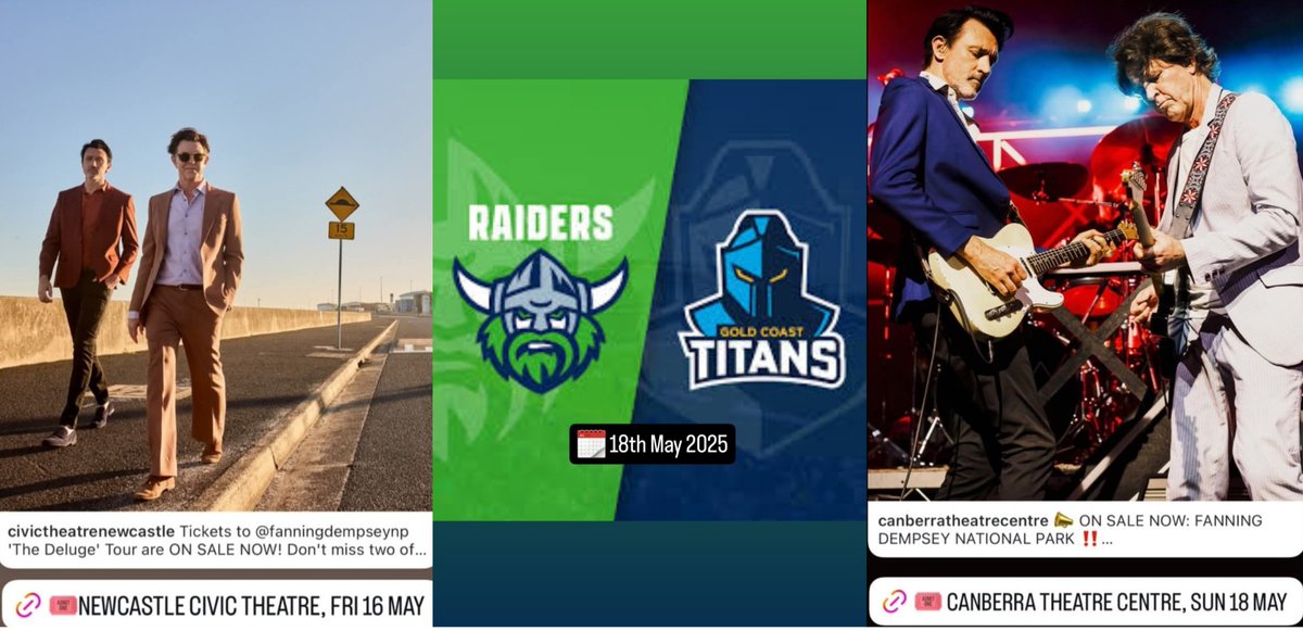 Jeff Card (@jefferycard) on Twitter photo The ultimate Jeff weekend in May.
I secured tickets this morning to <a href="/FanningDempsey/">Fanning Dempsey National Park</a> in Newcastle and Canberra with <a href="/RaidersCanberra/">Canberra Raiders</a> V Titans in between ๐ซ The ultimate Jeff weekend in May.
I secured tickets this morning to <a href="/FanningDempsey/">Fanning Dempsey National Park</a> in Newcastle and Canberra with <a href="/RaidersCanberra/">Canberra Raiders</a> V Titans in between ๐ซ