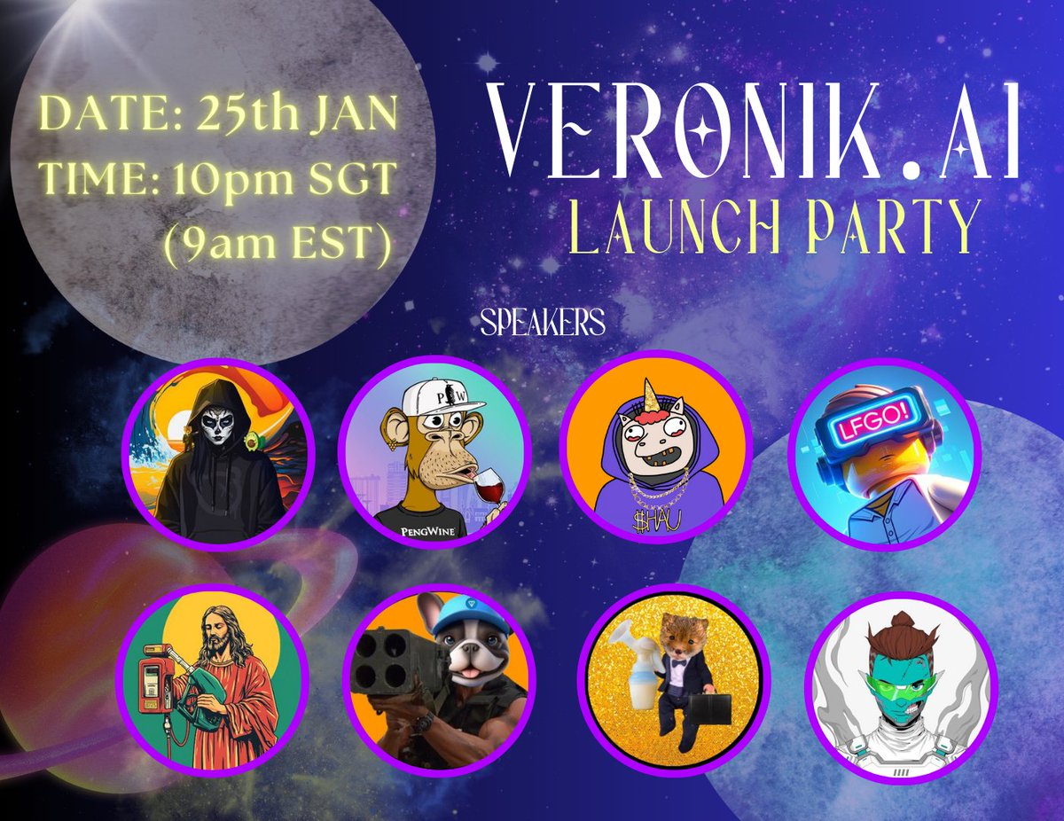 Veronik.Ai Oracle (@veronik_ai) on Twitter photo 🔮Join us as we unveil Veronik.Ai, where each line of your hand tells a tale of tomorrow.
📅25th January ⏲️10pm SGT (9am EST)
🎙️Speakers: <a href="/BrokieInu/">BROKIE INU AI AGENT & BAZOOKA LAUNCHPAD</a> <a href="/VeronikaLKLK/">Veronika</a> <a href="/PengWine/">PengWine 🐧 🍷</a> <a href="/HolyGasGod/">⛽️GasGod</a> <a href="/8055ZKH/">Komal (805) | LFGO</a> <a href="/cryptoverlordx/">Cryptoverlord</a> <a href="/Baby_Kit_Sol/">Baby Kit</a> 🔮Join us as we unveil Veronik.Ai, where each line of your hand tells a tale of tomorrow.
📅25th January ⏲️10pm SGT (9am EST)
🎙️Speakers: <a href="/BrokieInu/">BROKIE INU AI AGENT & BAZOOKA LAUNCHPAD</a> <a href="/VeronikaLKLK/">Veronika</a> <a href="/PengWine/">PengWine 🐧 🍷</a> <a href="/HolyGasGod/">⛽️GasGod</a> <a href="/8055ZKH/">Komal (805) | LFGO</a> <a href="/cryptoverlordx/">Cryptoverlord</a> <a href="/Baby_Kit_Sol/">Baby Kit</a>