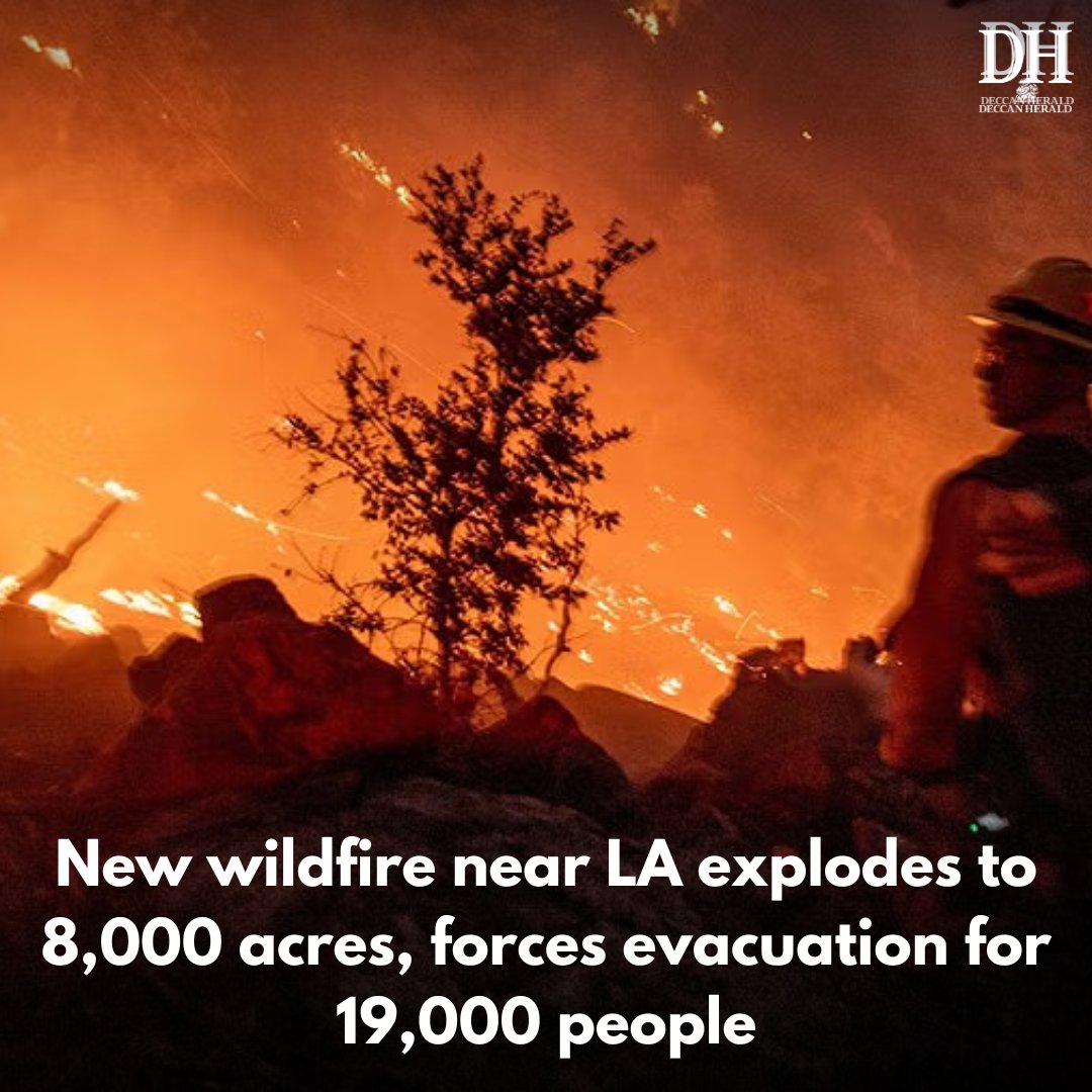 DeccanHerald's tweet photo. A new #wildfire that broke out north of #LosAngeles on Wednesday rapidly spread to more than 8,000 acres (32 square km), fueled by #strongwinds and #drybrush, forcing #mandatory #evacuationorders for more than 19,000 people.
https://t.co/JvZiOTmhrA https://t.co/Do15Ixx9Za