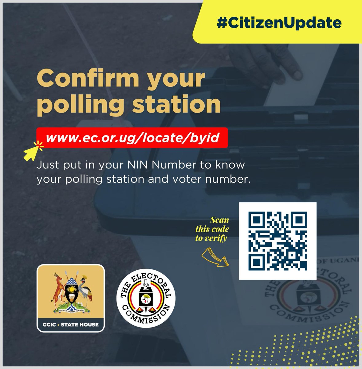 SharpMugabe's tweet photo. Dear citizens, 
Be sure to cast your vote from a polling station convenient for you. It is your responsibility to choose leaders who will make transformative decisions on your behalf in the next term of office. 
👇
https://t.co/wZnhNCqHaw
☝️
#OpenGovUG #UGCItizenUpdate https://t.co/iASiH07y23
