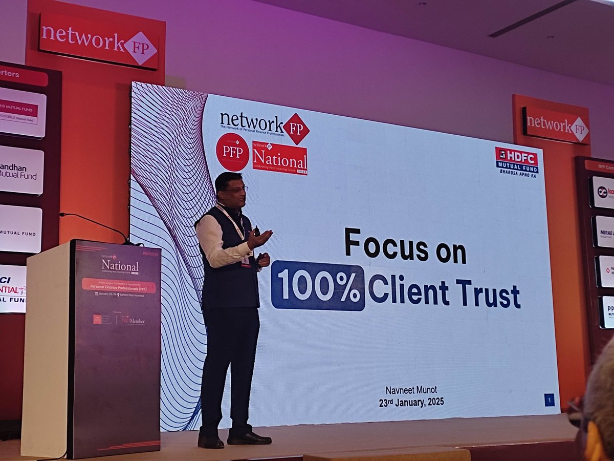 Simple yet significant aspect well explained by Mr Navneet Munot sir of <a href="/hdfcmf/">HDFC Mutual Fund</a>
"Trust is important. Focus on 100% client trust" great start at #NFP2025 <a href="/networkfp/">Network FP</a>