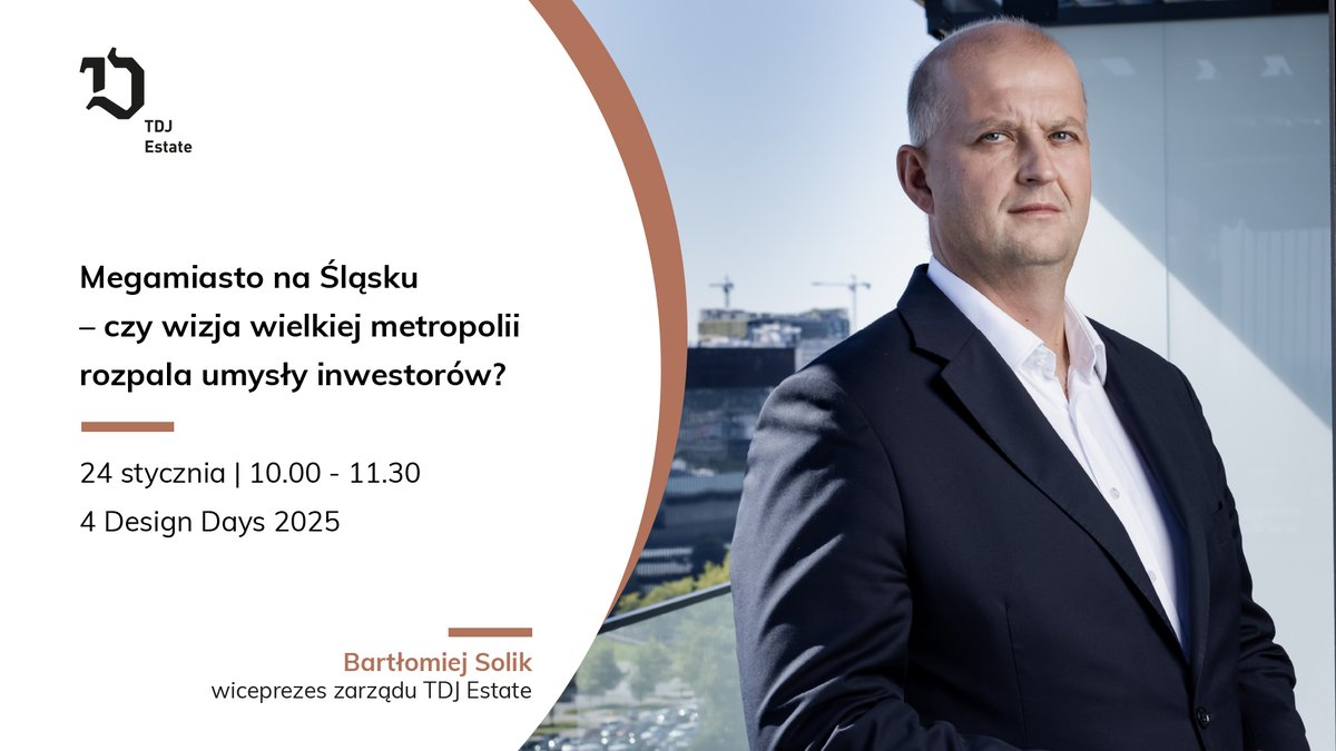 tdjestate's tweet photo. Bartłomiej Solik, wiceprezes zarządu #TDJEstate, prelegentem podczas #4DesignDays i wydarzenia towarzszącego #PropertyForumMiastaiRegiony. Nasz ekspert weźmie udział w panelu „Megamiasto na Śląsku – czy wizja wielkiej metropolii rozpala umysły inwestorów?”. Zachęcamy do udziału! https://t.co/DnasTUILH2