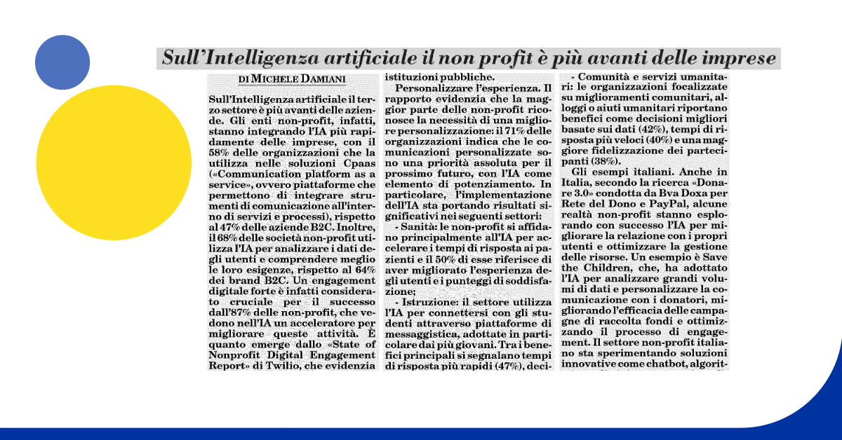 Personalizzare l'esperienza.
🗞️"Sull'intelligenza artificiale il non profit è più avanti delle imprese" su <a href="/ItaliaOggi/">ItaliaOggi</a> 

#IA #Tecnologia <a href="/doxa_research/">BVA Doxa</a> <a href="/Retedeldono/">Rete del Dono</a> <a href="/PayPal_Italia/">PayPal_Italia</a> <a href="/SaveChildrenIT/">Save the Children IT</a> <a href="/ReRebaudengo/">Re Rebaudengo</a> <a href="/AndreaLompio53/">Andrea Valerio 🇪🇺 🇮🇹 🇪🇺 🐧🎗️</a> <a href="/aldoceccarelli/">Aldo Ceccarelli</a> <a href="/GiovannaDiTroia/">Giovanna Di Troia</a>