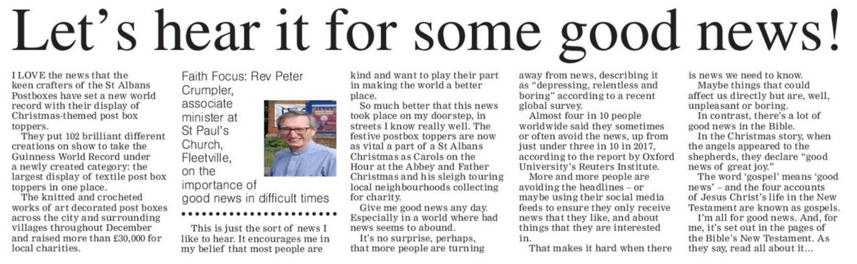 Peter Crumpler (@petercrumpler) on Twitter photo Let’s hear it for some good news. My take on news avoidance from today’s <a href="/hertsad/">Herts Advertiser</a> #FaithFocus Let’s hear it for some good news. My take on news avoidance from today’s <a href="/hertsad/">Herts Advertiser</a> #FaithFocus