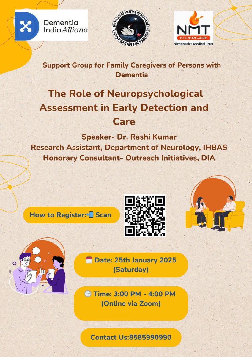 Join us for a free insightful online support group meeting led by Dr. Rashi Kumar

💡Topic: The Role of Neuropsychological Assessment in Early Detection and Care
📷 Sat, 25th Jan, 3 PM - 4 PM 
📍 Platform: Zoom

📞 8585 990 990

Register here by 24th Jan bit.ly/4gd6RAh